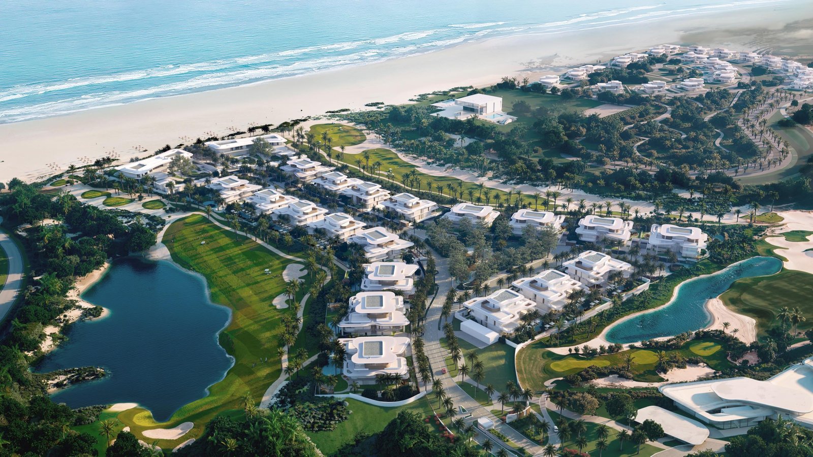 Spacious open plan living room inside a Faya Al Saadiyat, with floor-to-ceiling windows and premium finishes