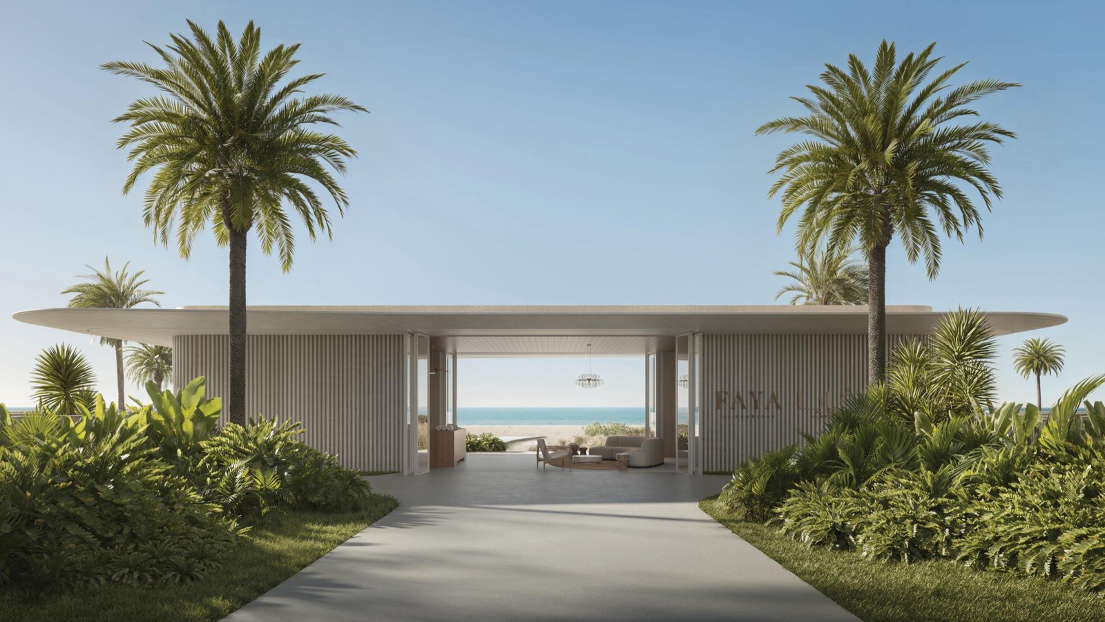 Striking front elevation of a Faya Al Saadiyat, highlighting its ultra-modern architecture and grand entrance design